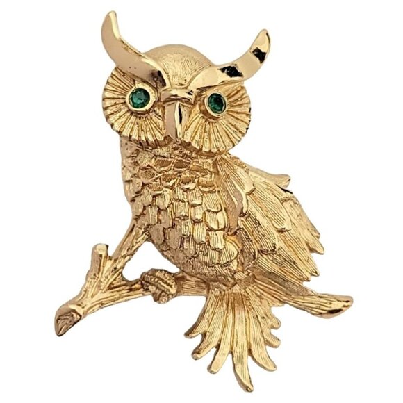 Monet Gold Tone Green Rhinestone Eyes Owl Brooch Pin, Signed M109 - Picture 9 of 9